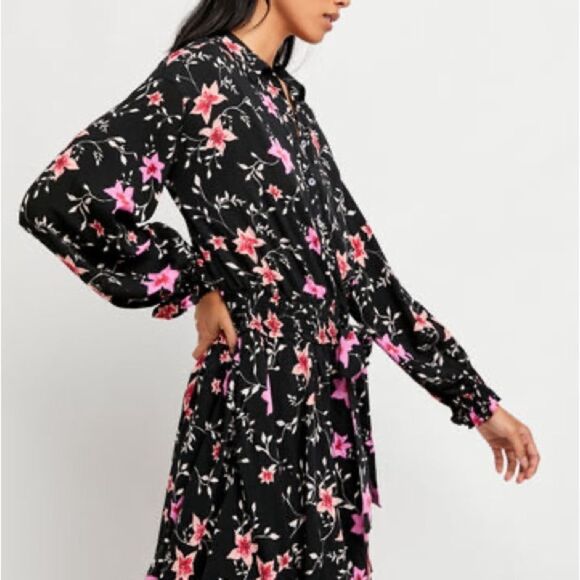 Free People Lighten Up Dress Floral on Black long sleeve with tie waist Sz XS - Picture 11 of 15